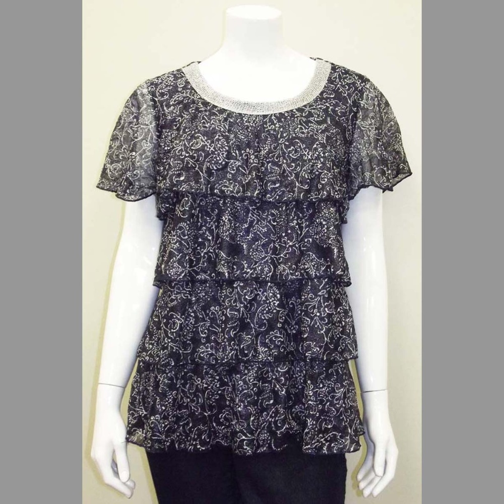 Blue & Silver Shiny Dressy Ruffled Blouse - Large